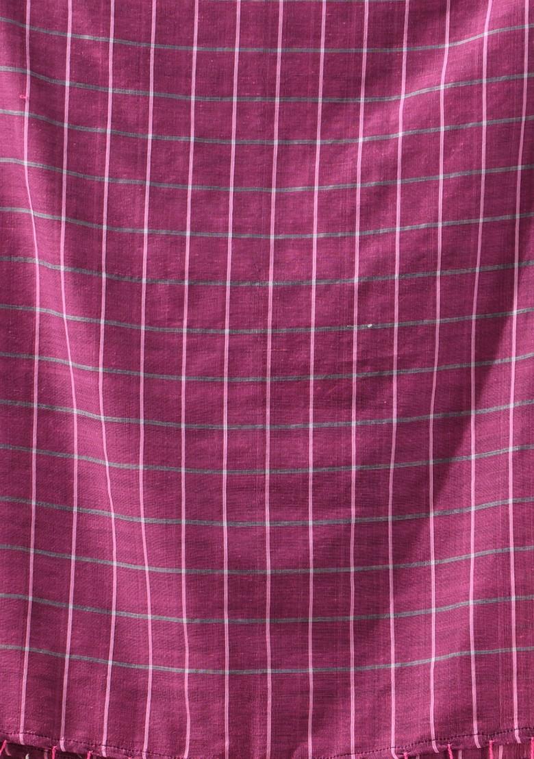 Magenta Checked Pattern Cotton Saree Set