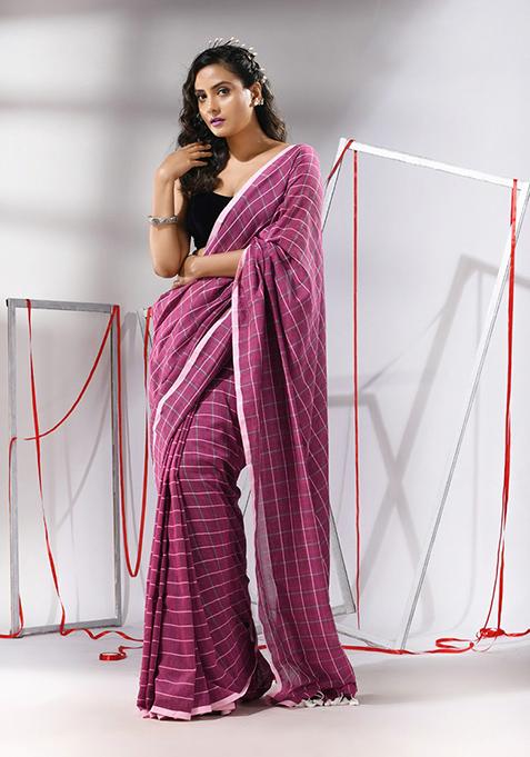 Magenta Checked Pattern Cotton Saree Set