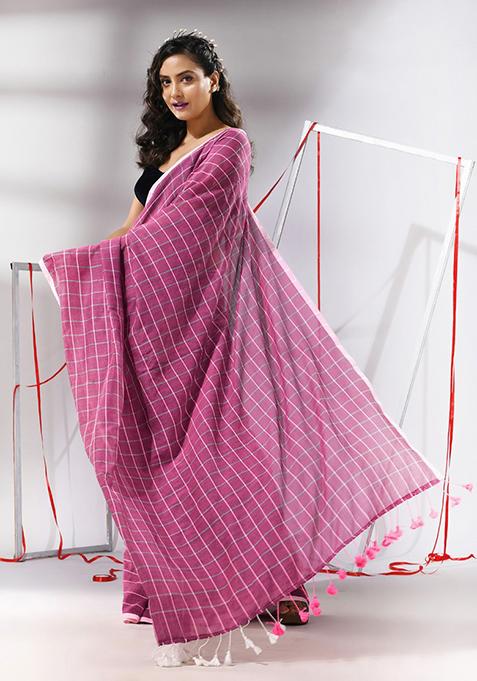 Magenta Checked Pattern Cotton Saree Set