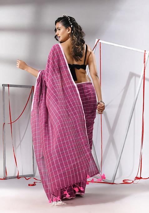 Magenta Checked Pattern Cotton Saree Set