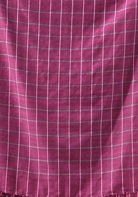 Magenta Checked Pattern Cotton Saree Set