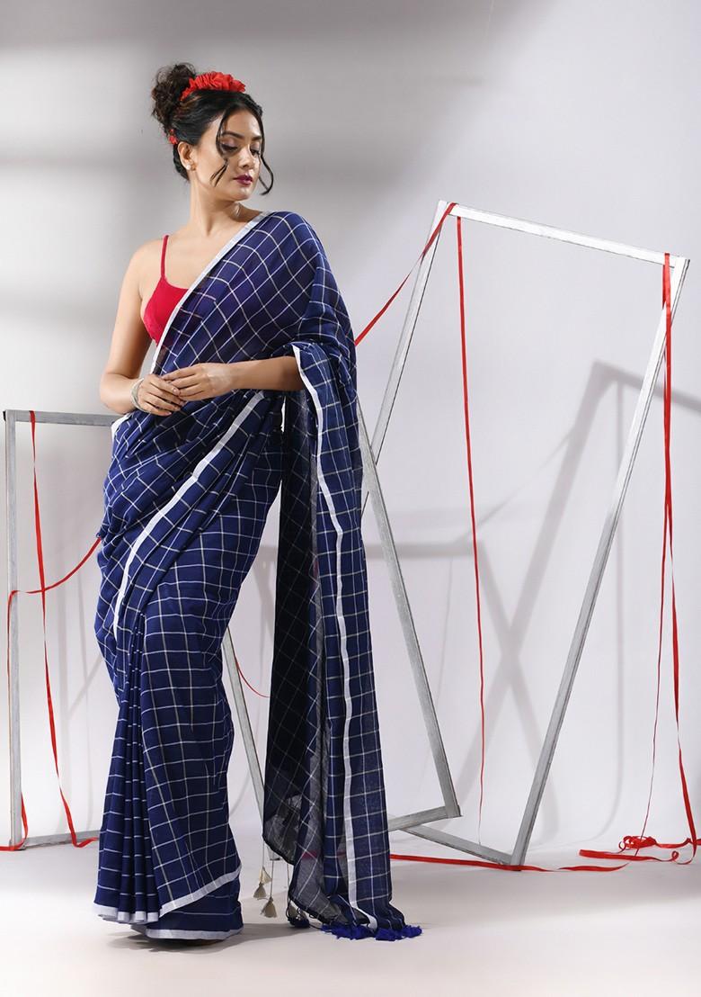 Blue Checked Pattern Cotton Saree Set