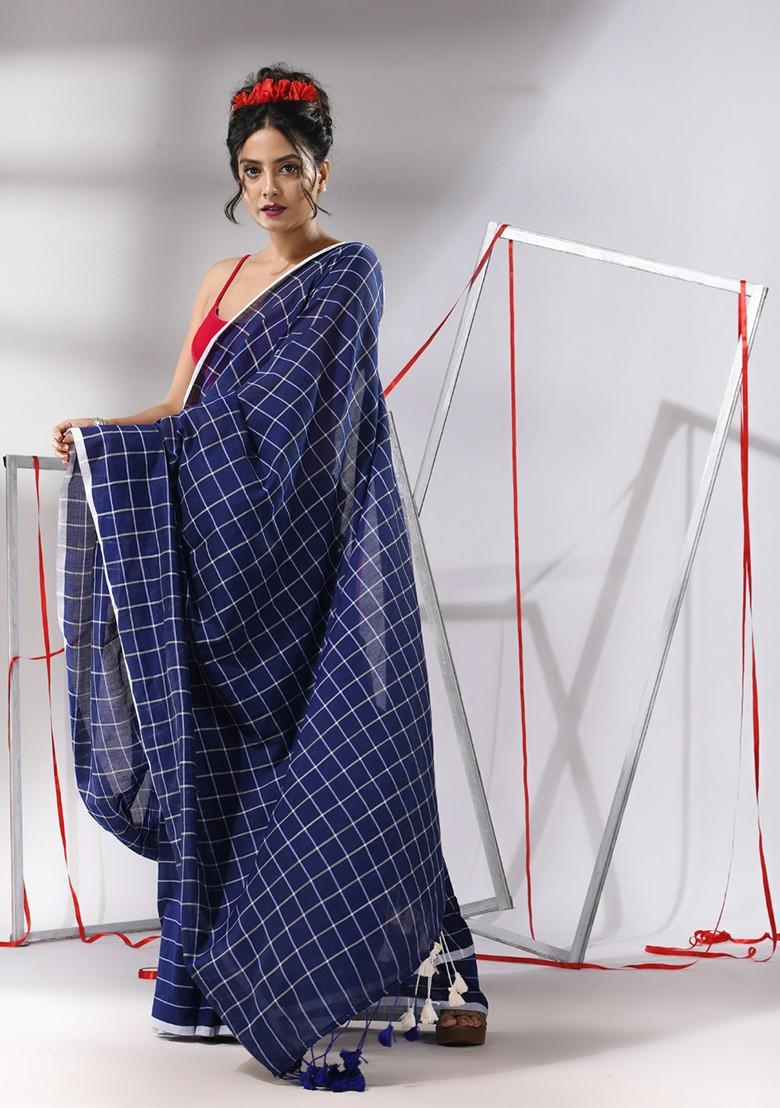 Blue Checked Pattern Cotton Saree Set