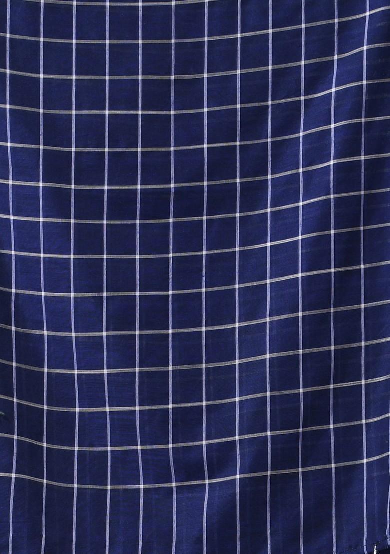 Blue Checked Pattern Cotton Saree Set