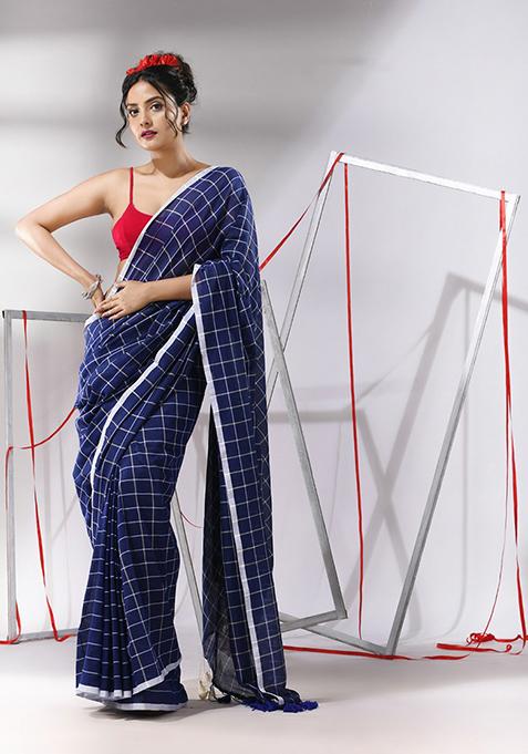 Blue Checked Pattern Cotton Saree Set