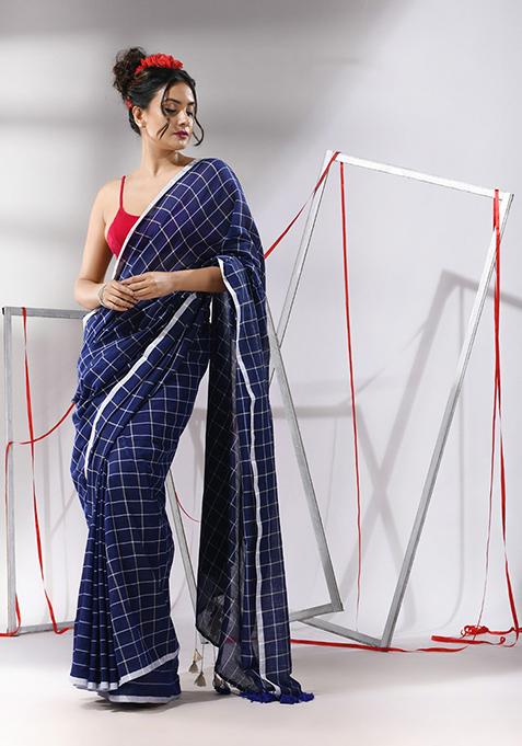 Blue Checked Pattern Cotton Saree Set