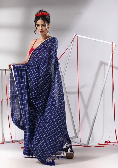Blue Checked Pattern Cotton Saree Set