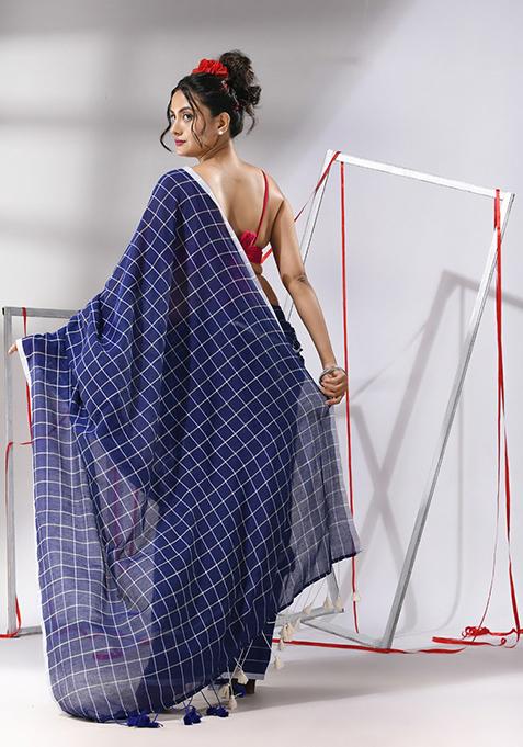 Blue Checked Pattern Cotton Saree Set