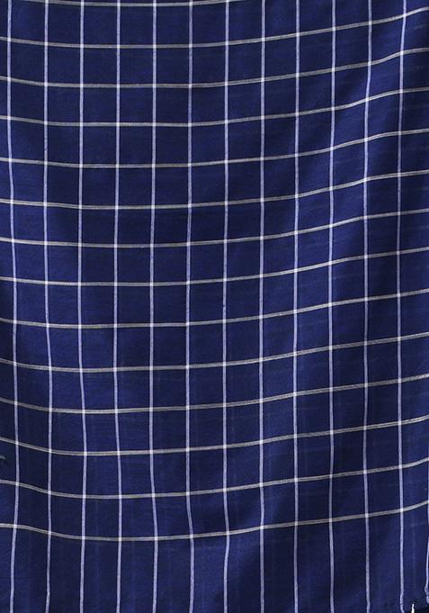 Blue Checked Pattern Cotton Saree Set