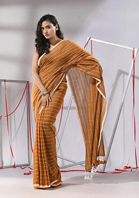 Rust Checked Pattern Cotton Saree Set
