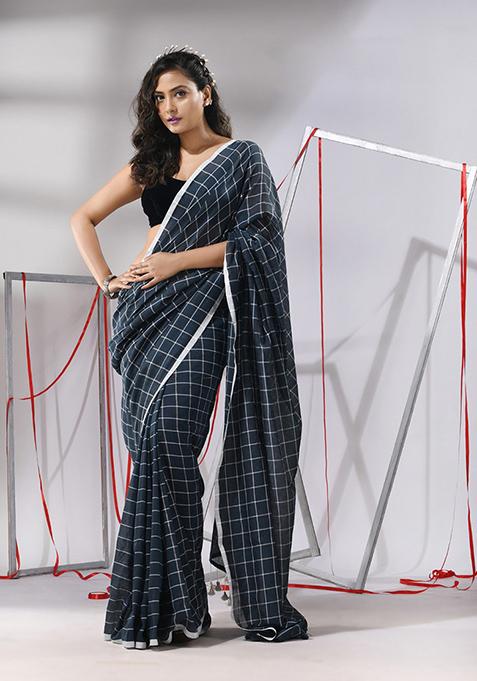 Slate Grey Checked Pattern Cotton Saree Set