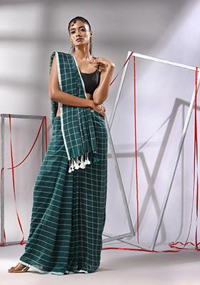 Teal Green Checked Pattern Cotton Saree Set