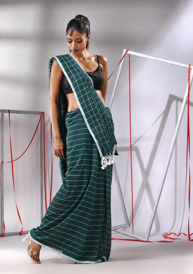 Teal Green Checked Pattern Cotton Saree Set