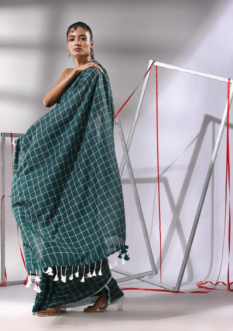 Teal Green Checked Pattern Cotton Saree Set