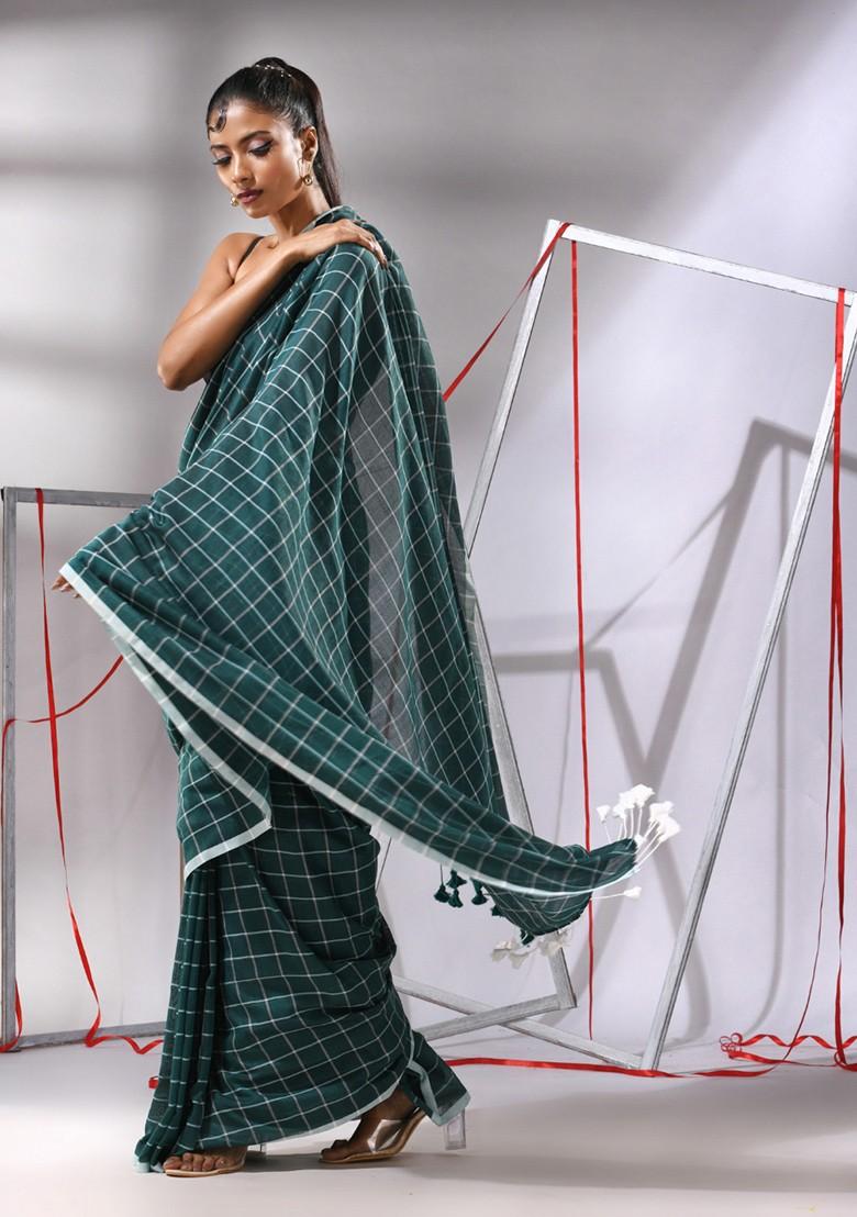 Teal Green Checked Pattern Cotton Saree Set