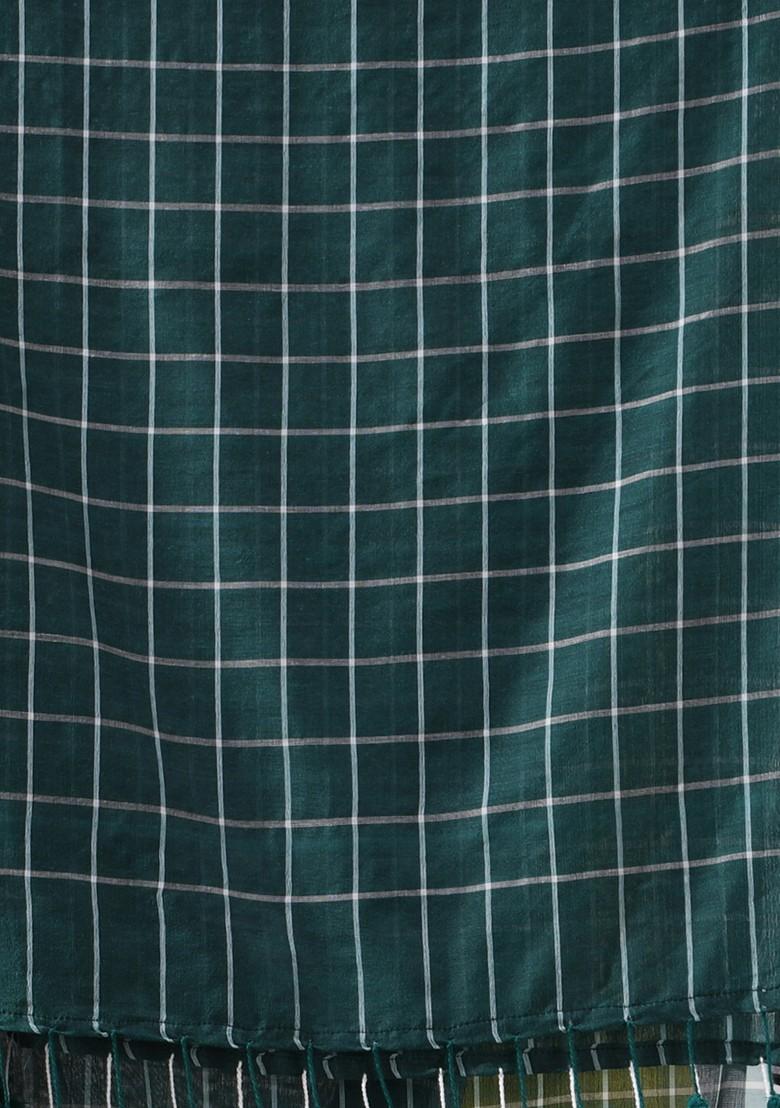 Teal Green Checked Pattern Cotton Saree Set
