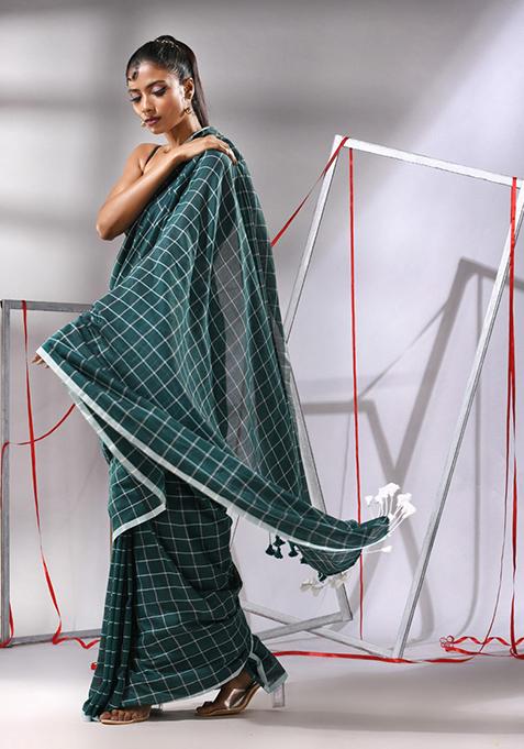 Teal Green Checked Pattern Cotton Saree Set