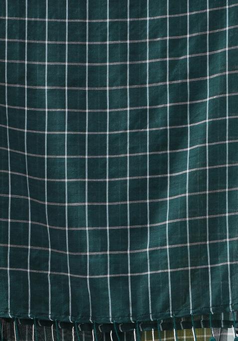 Teal Green Checked Pattern Cotton Saree Set