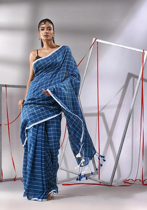 Sapphire Blue Checked Pattern Cotton Saree Set