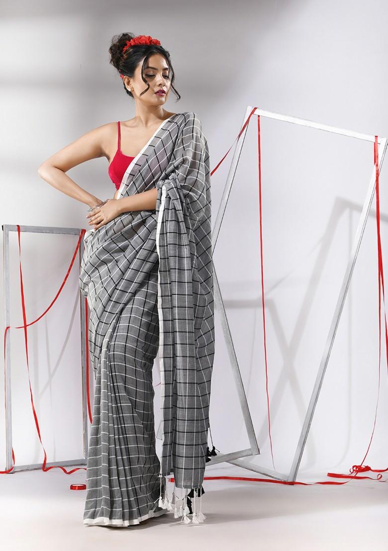 Grey Checked Pattern Cotton Saree Set