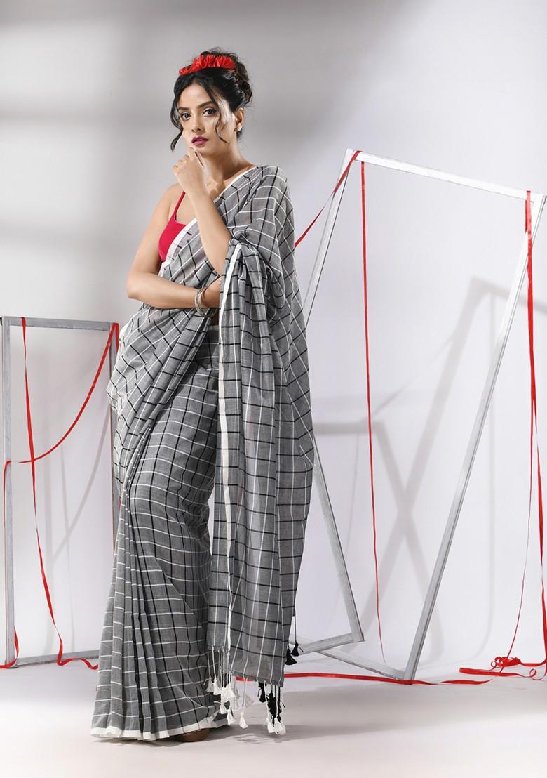 Grey Checked Pattern Cotton Saree Set