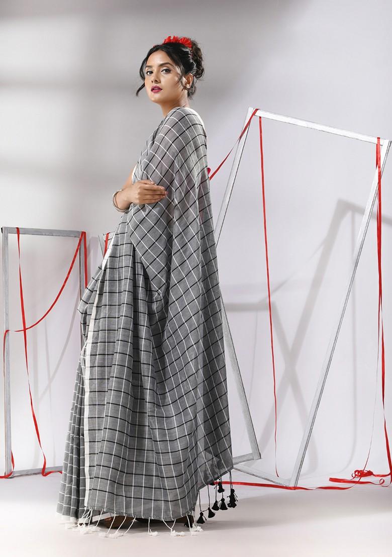 Grey Checked Pattern Cotton Saree Set