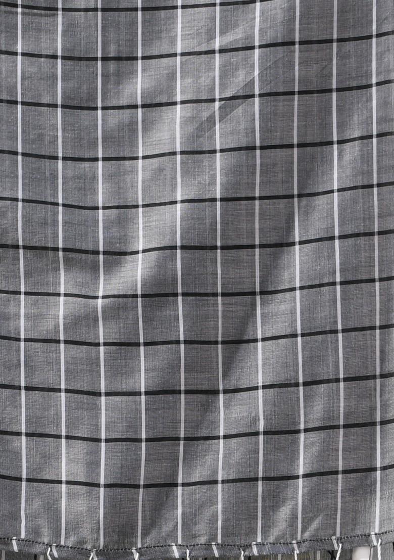 Grey Checked Pattern Cotton Saree Set