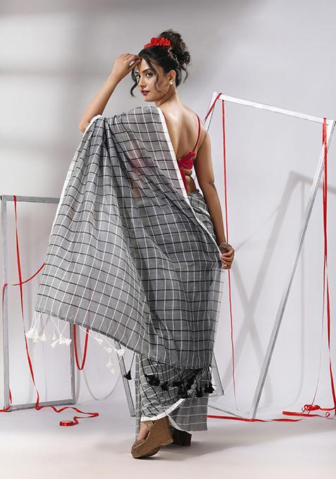 Grey Checked Pattern Cotton Saree Set