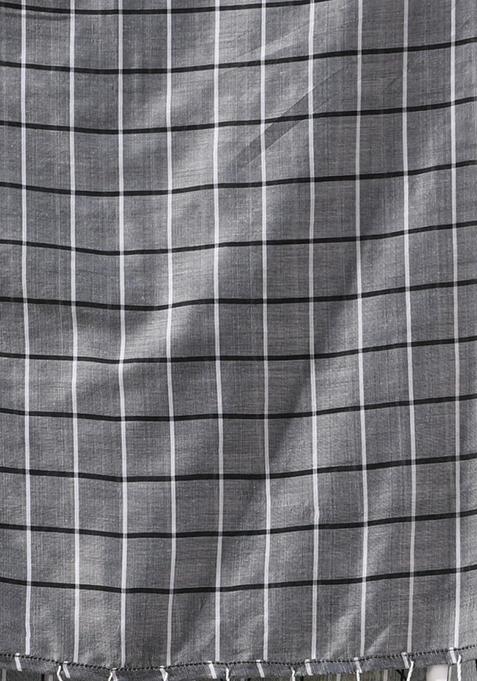 Grey Checked Pattern Cotton Saree Set