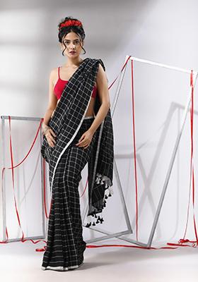 Black Checked Pattern Cotton Saree Set