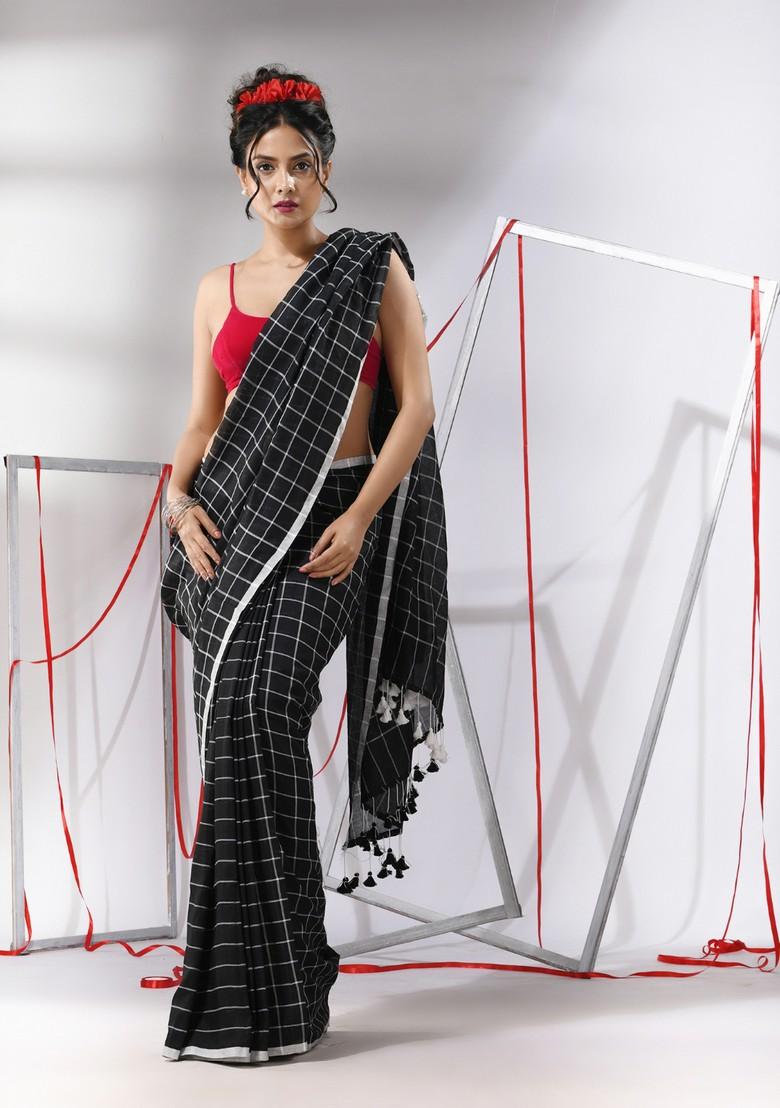 Black Checked Pattern Cotton Saree Set