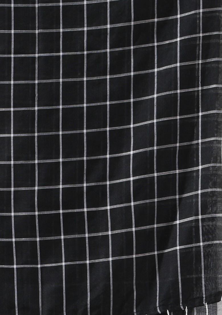 Black Checked Pattern Cotton Saree Set