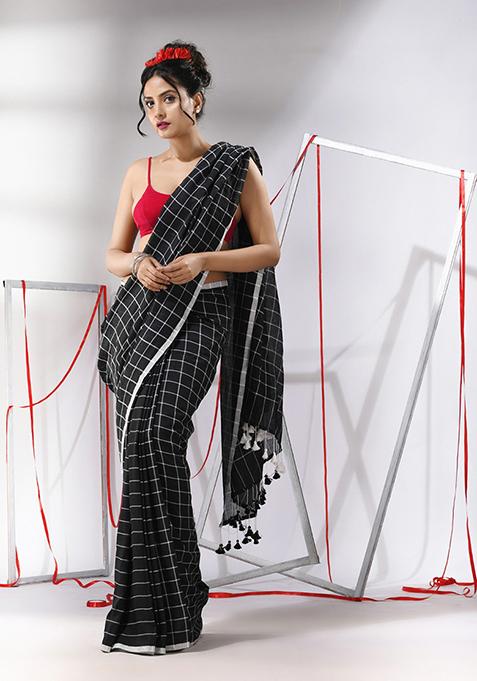 Black Checked Pattern Cotton Saree Set