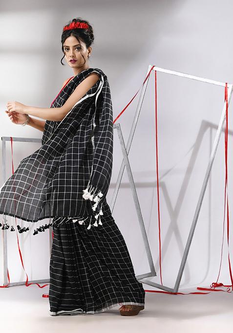 Black Checked Pattern Cotton Saree Set