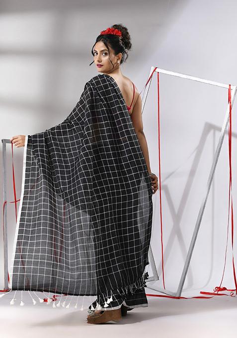 Black Checked Pattern Cotton Saree Set
