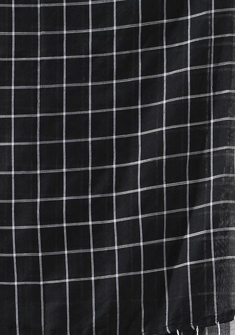 Black Checked Pattern Cotton Saree Set
