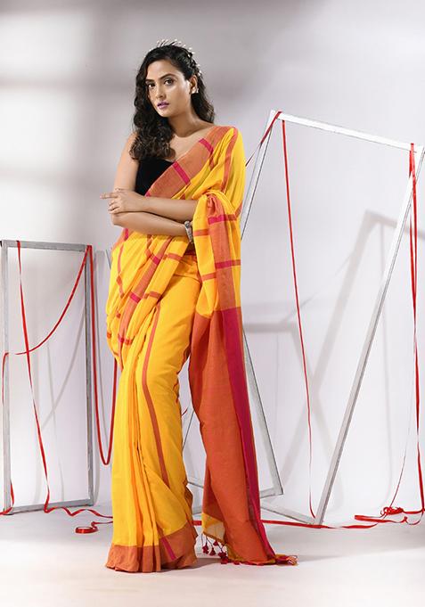 Yellow Striped Cotton Saree Set