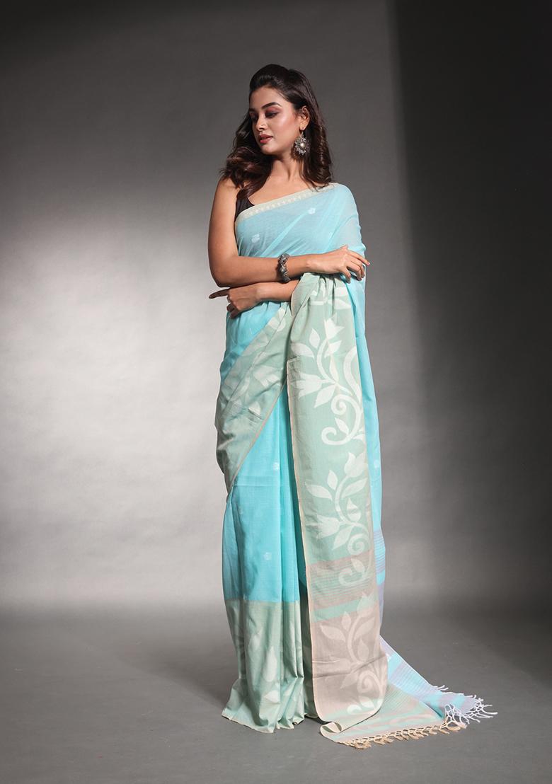 Sea Green Nakshi Print Soft Pure Cotton Saree Set
