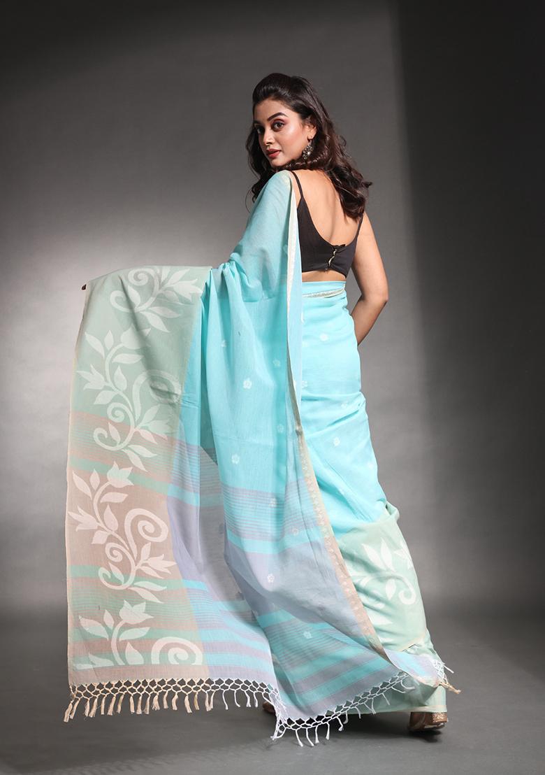 Sea Green Nakshi Print Soft Pure Cotton Saree Set