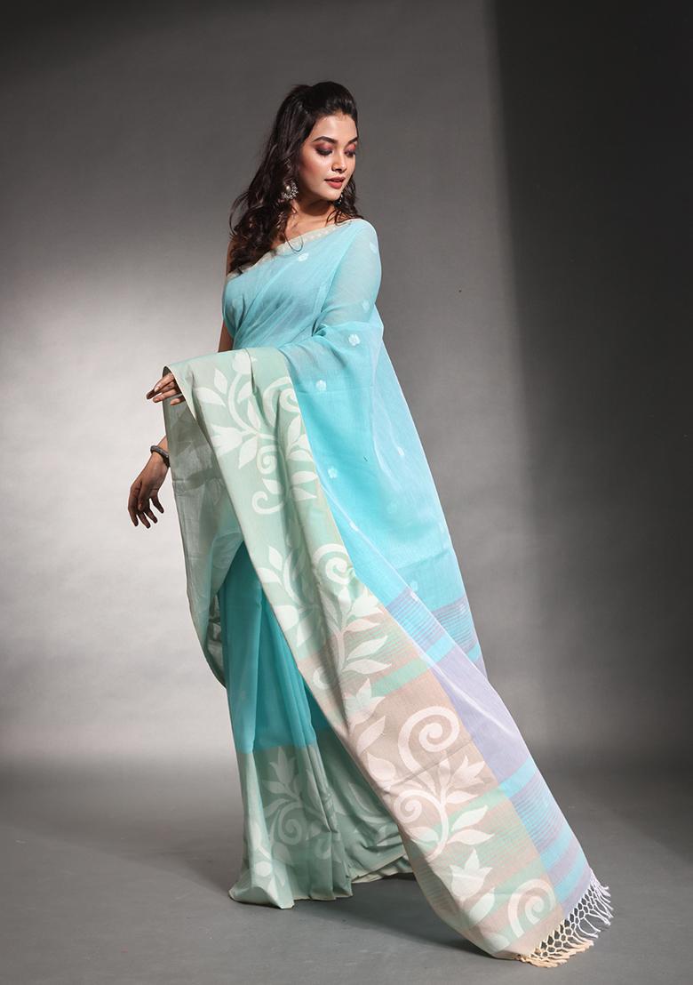 Sea Green Nakshi Print Soft Pure Cotton Saree Set
