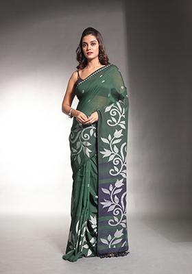 Dark Green Nakshi Print Soft Pure Cotton Saree Set