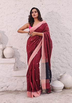 Dark Red Nakshi Print Soft Pure Cotton Saree Set