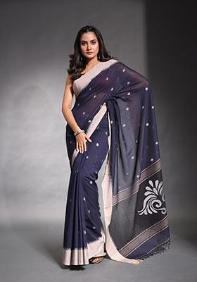 Navy Blue Nakshi Print Soft Pure Cotton Saree Set