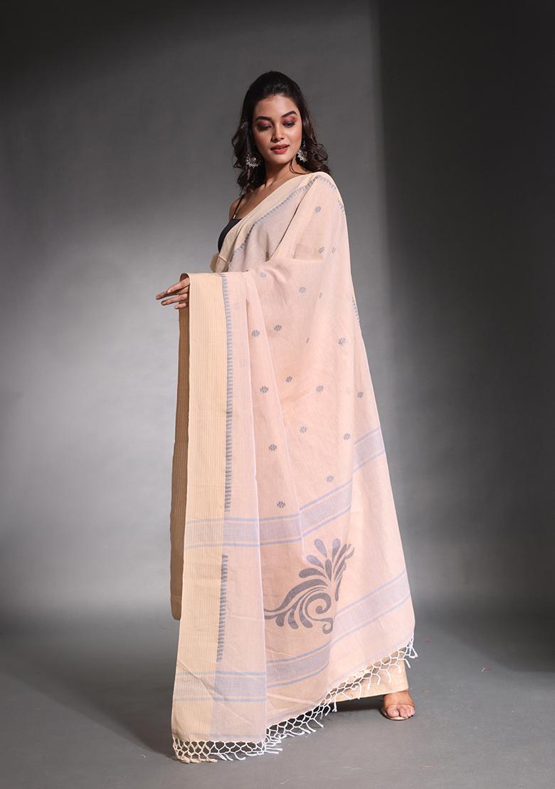 Ecru Nakshi Print Soft Pure Cotton Saree Set - Indya