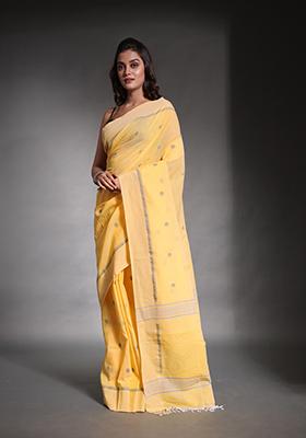 Light Yellow Nakshi Print Soft Pure Cotton Saree Set