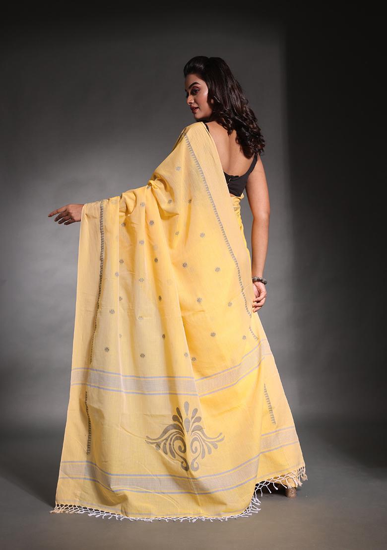 Light Yellow Nakshi Print Soft Pure Cotton Saree Set - Indya