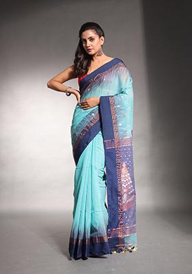 Sea Green Ikat Print Soft Cotton Saree Set