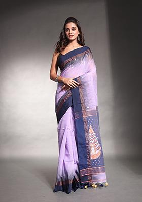 Lavender Ikat Print Soft Cotton Saree Set