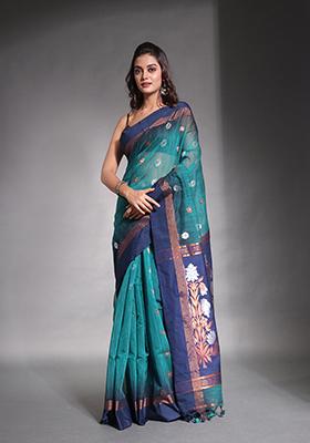 Teal Ikat Print Soft Cotton Saree Set