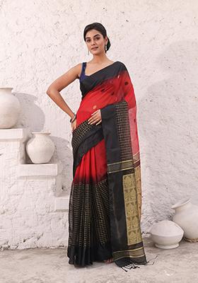 Red Ikat Print Soft Cotton Saree Set